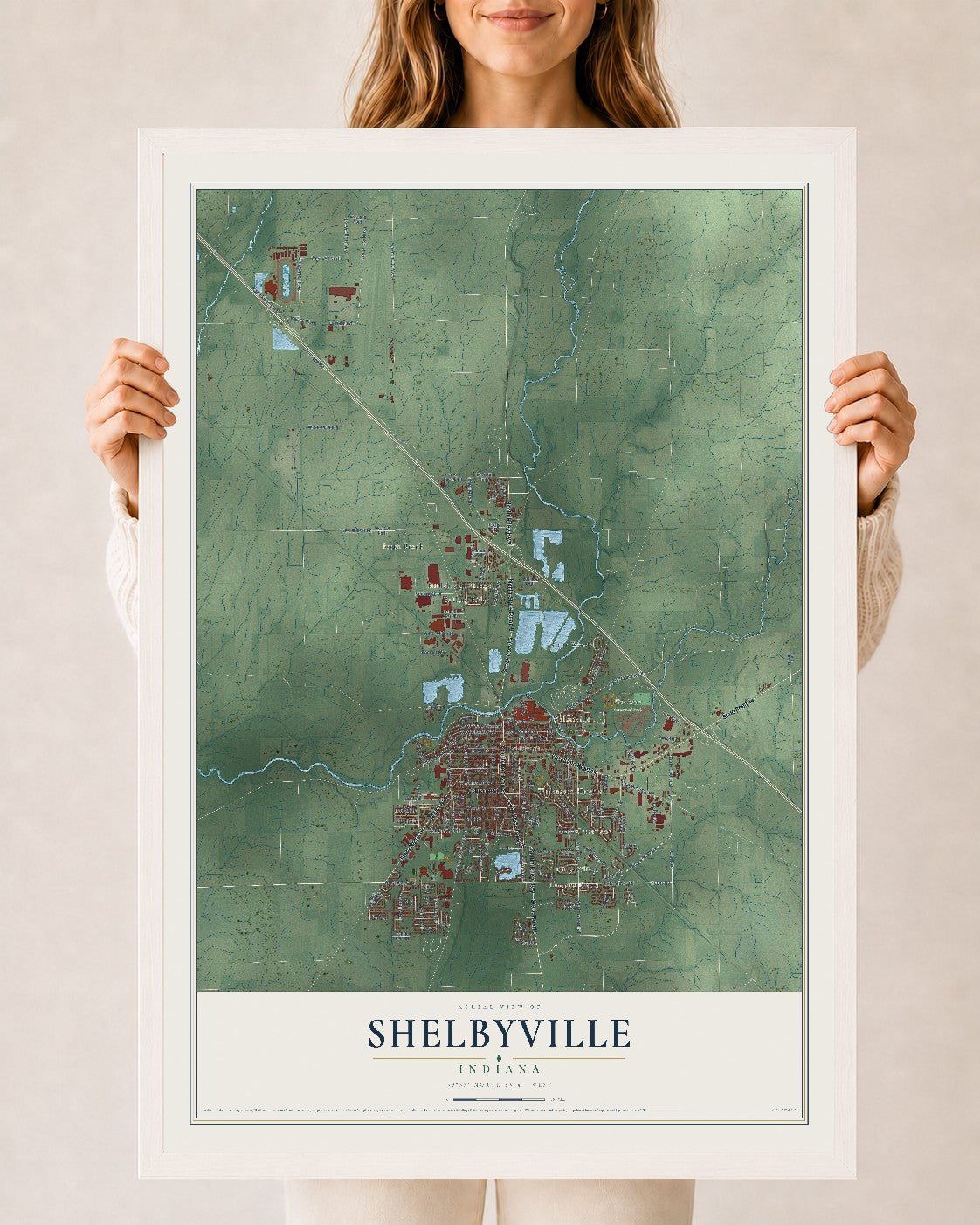 Map of Shelbyville, Indiana, 24 x 36 inch print in a white wood frame
