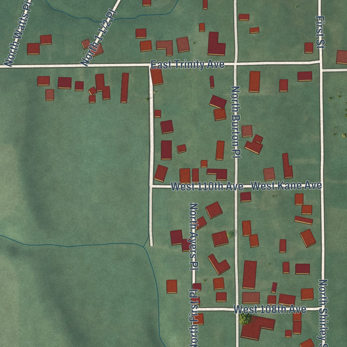 Close-up of the map of Shepardsville, Indiana print showing street and building detail