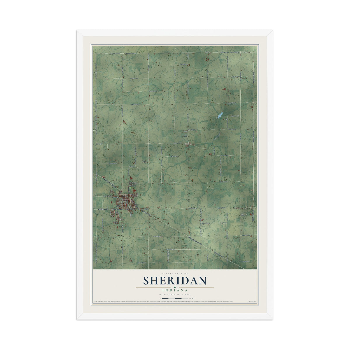 Map of Sheridan, Indiana, 12 x 18 inch print in a white wood frame