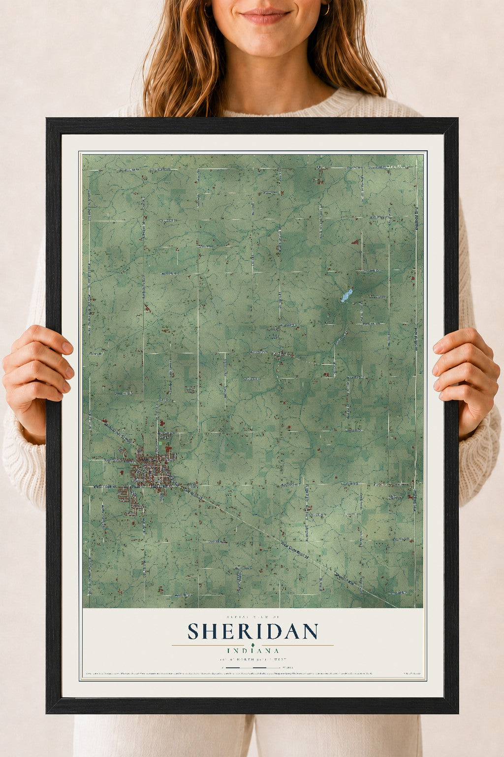 Map of Sheridan, Indiana, 18 x 24 inch print in a black wood frame