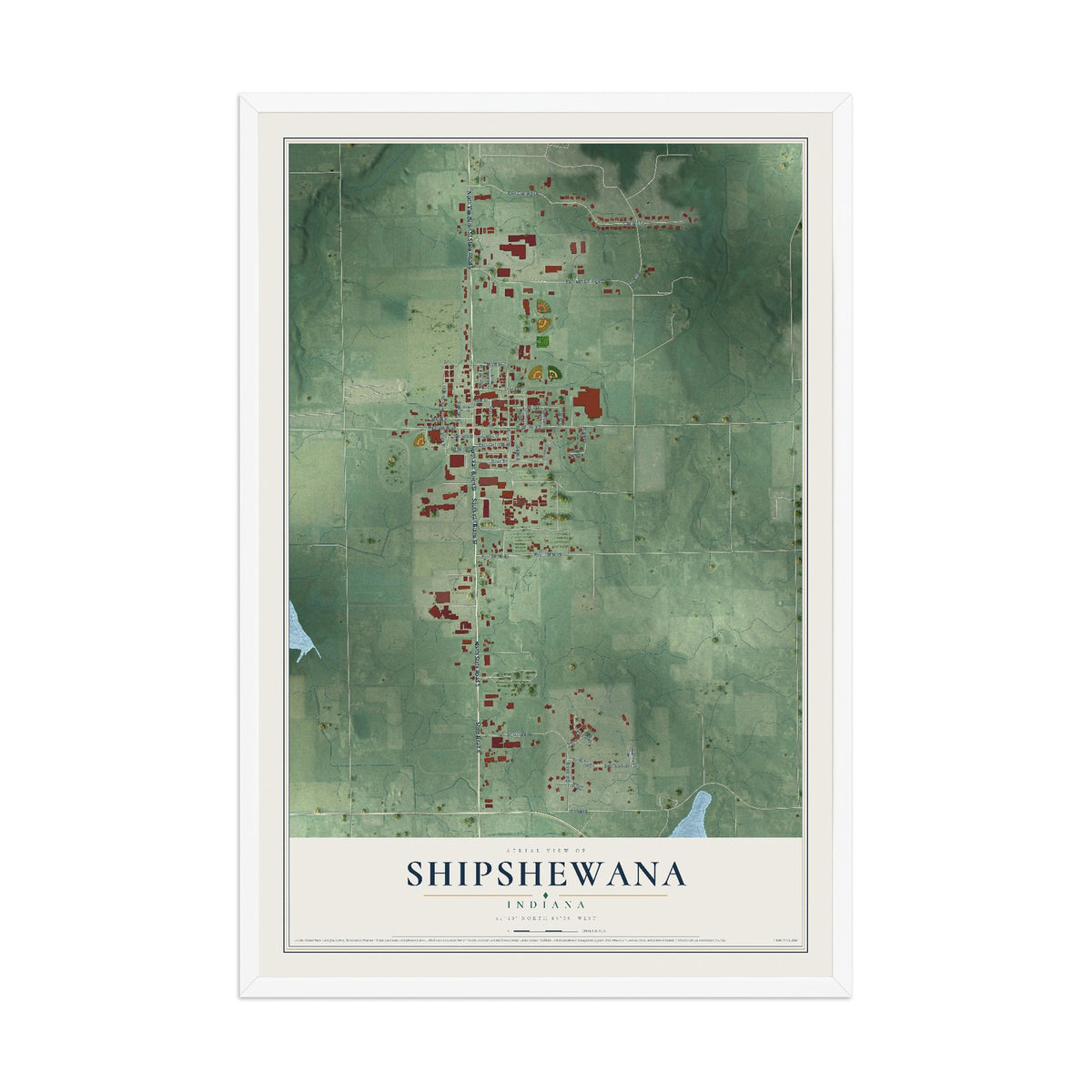 Map of Shipshewana, Indiana, 12 x 18 inch print in a white wood frame