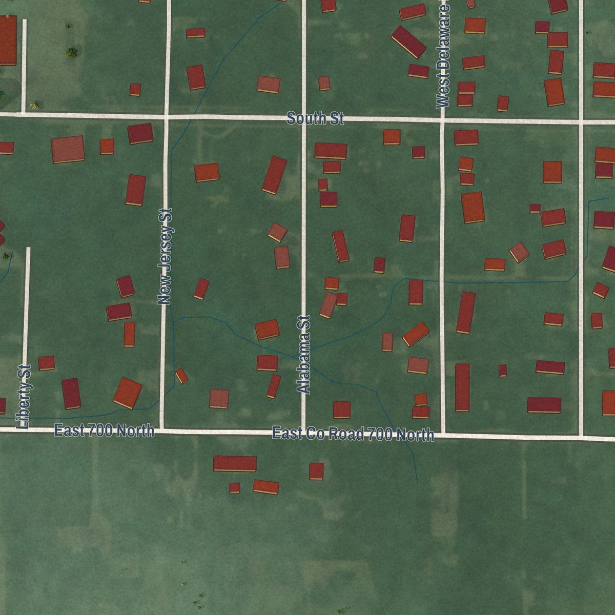 Second close-up of the map of Shirley, Indiana print showing more streets and buildings
