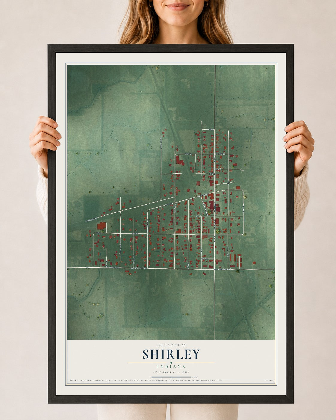 Map of Shirley, Indiana, 24 x 36 inch print in a black wood frame