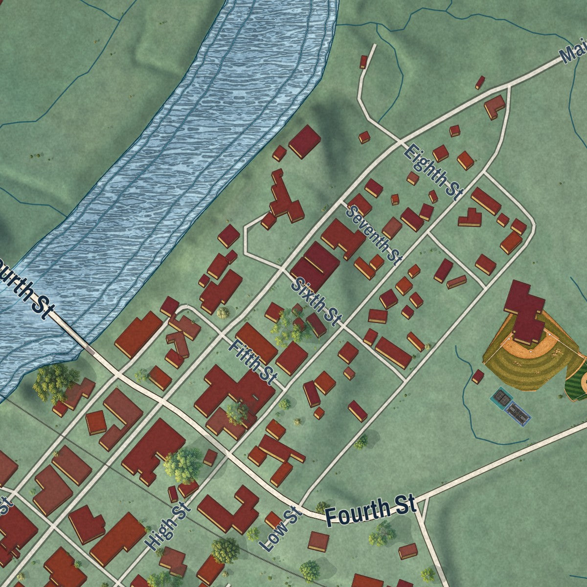Close-up of the map of Shoals, Indiana print showing street and building detail