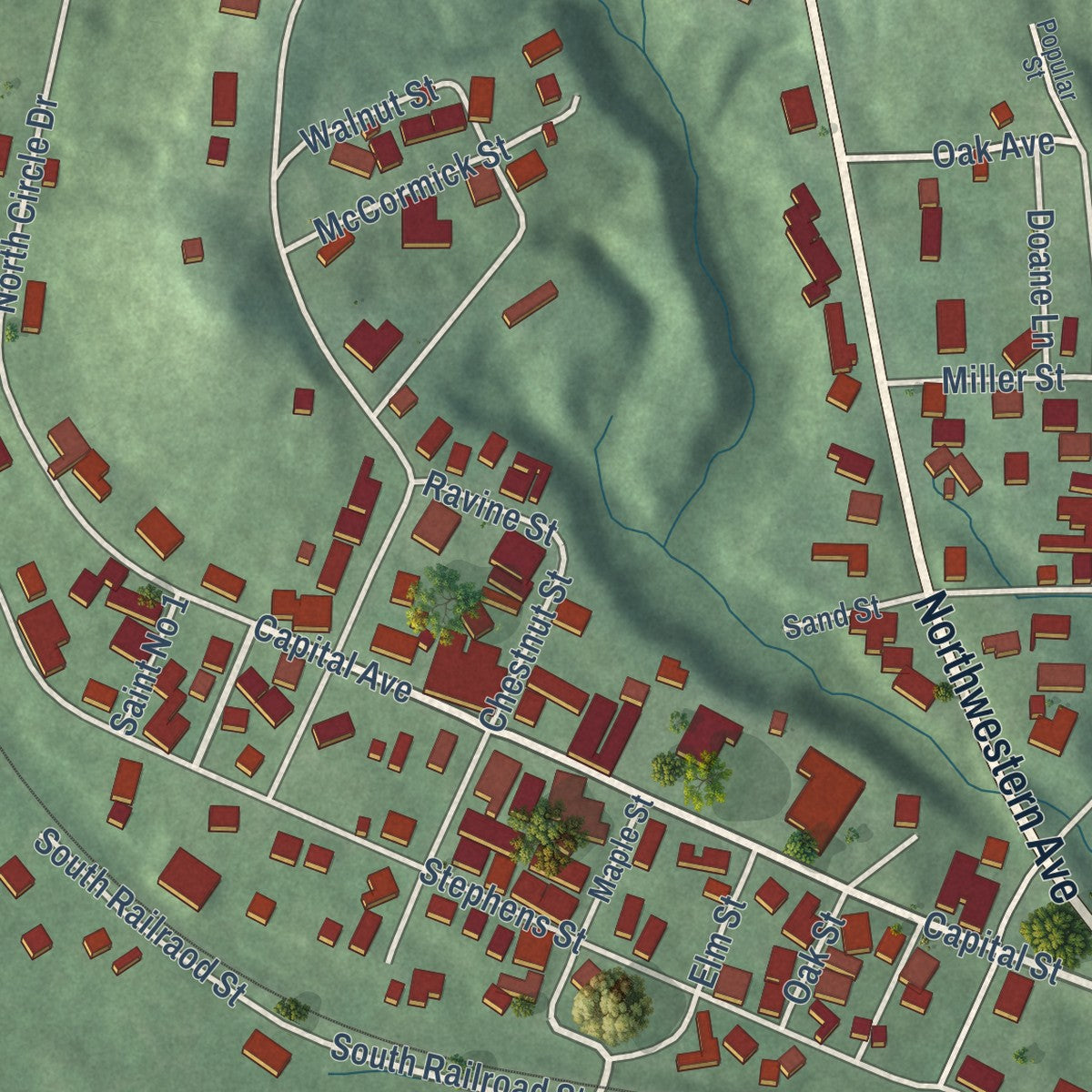 Second close-up of the map of Shoals, Indiana print showing more streets and buildings