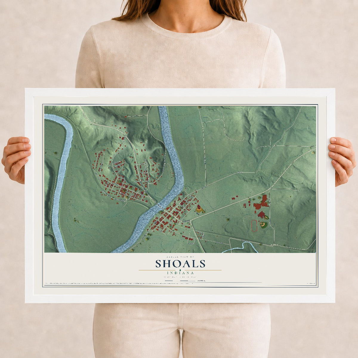 Map of Shoals, Indiana, 12 x 18 inch print in a white wood frame