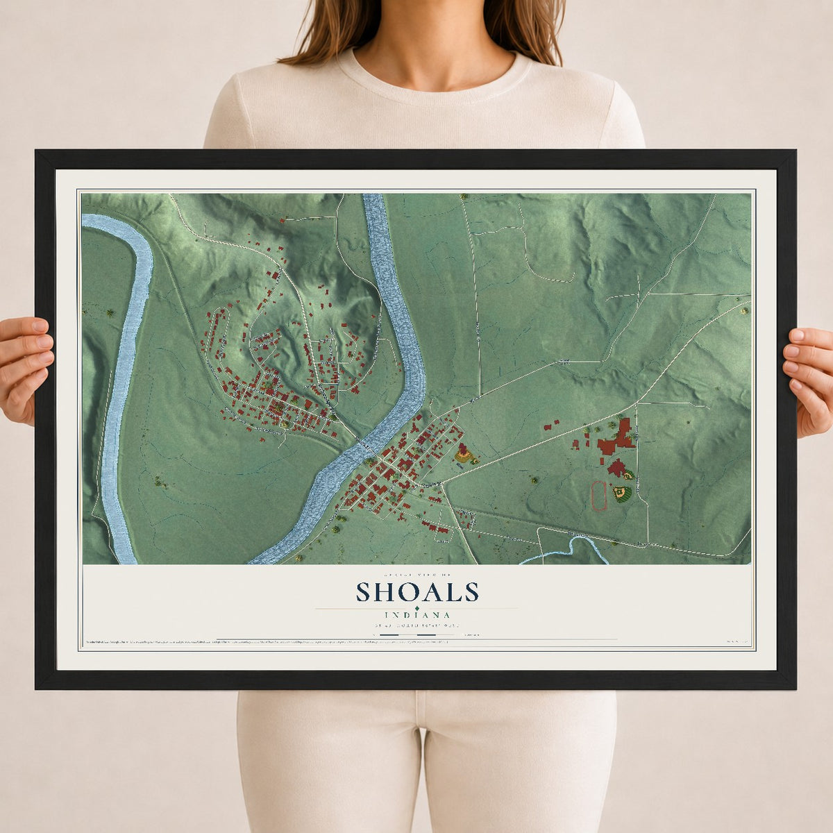 Map of Shoals, Indiana, 18 x 24 inch print in a black wood frame
