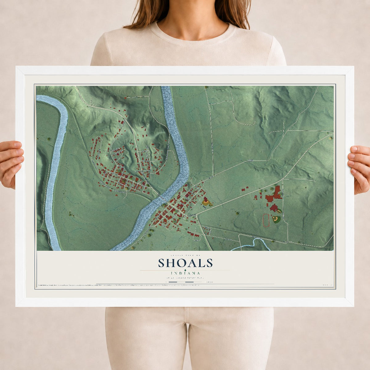 Map of Shoals, Indiana, 18 x 24 inch print in a white wood frame