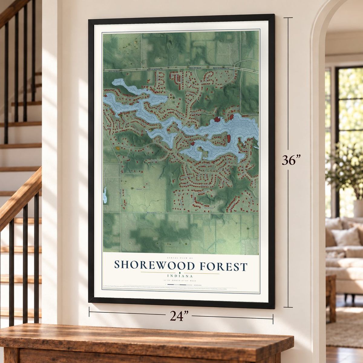 Shorewood Forest, Indiana map, 24 x 36 inch print in a black frame by a staircase