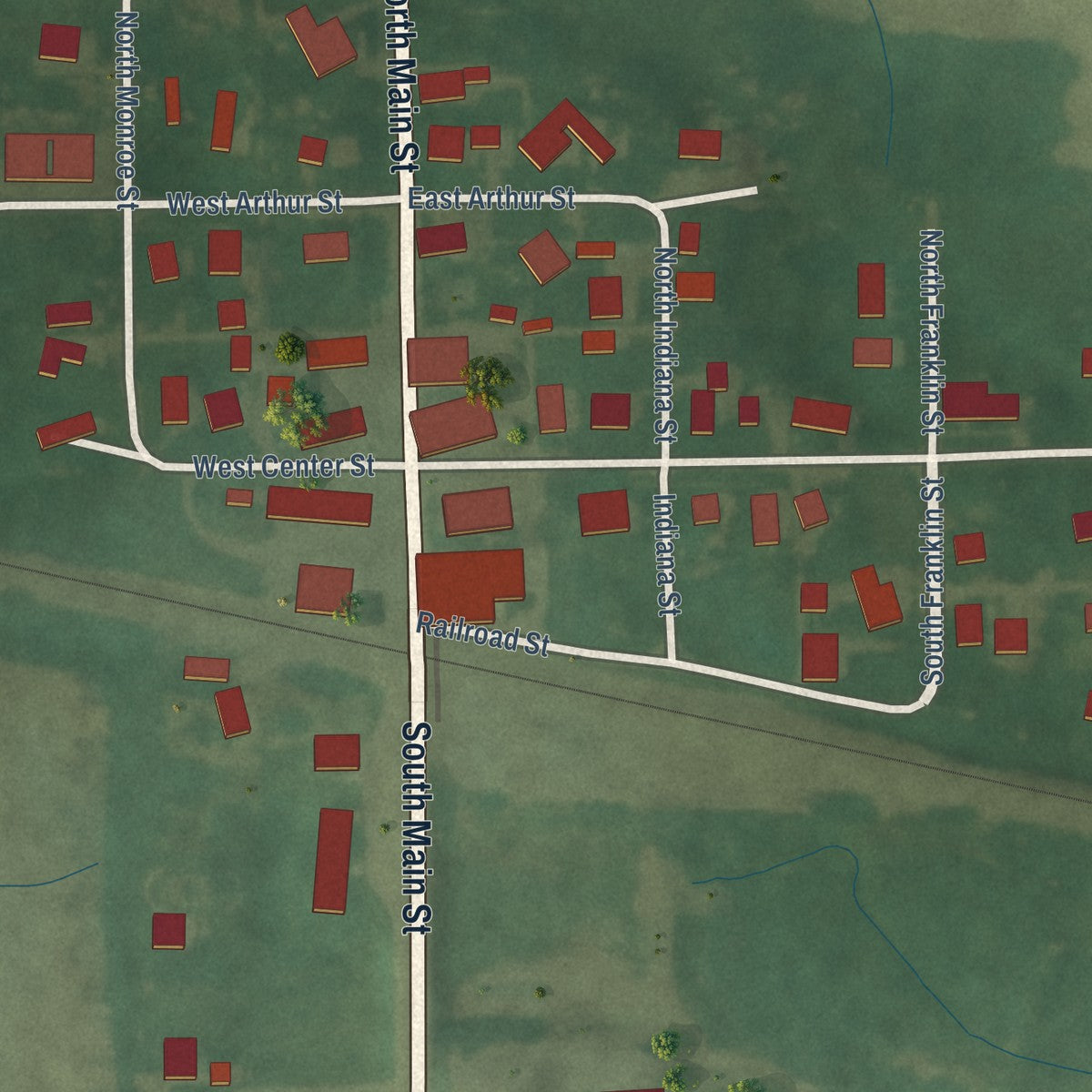Close-up of the map of Sidney, Indiana print showing street and building detail