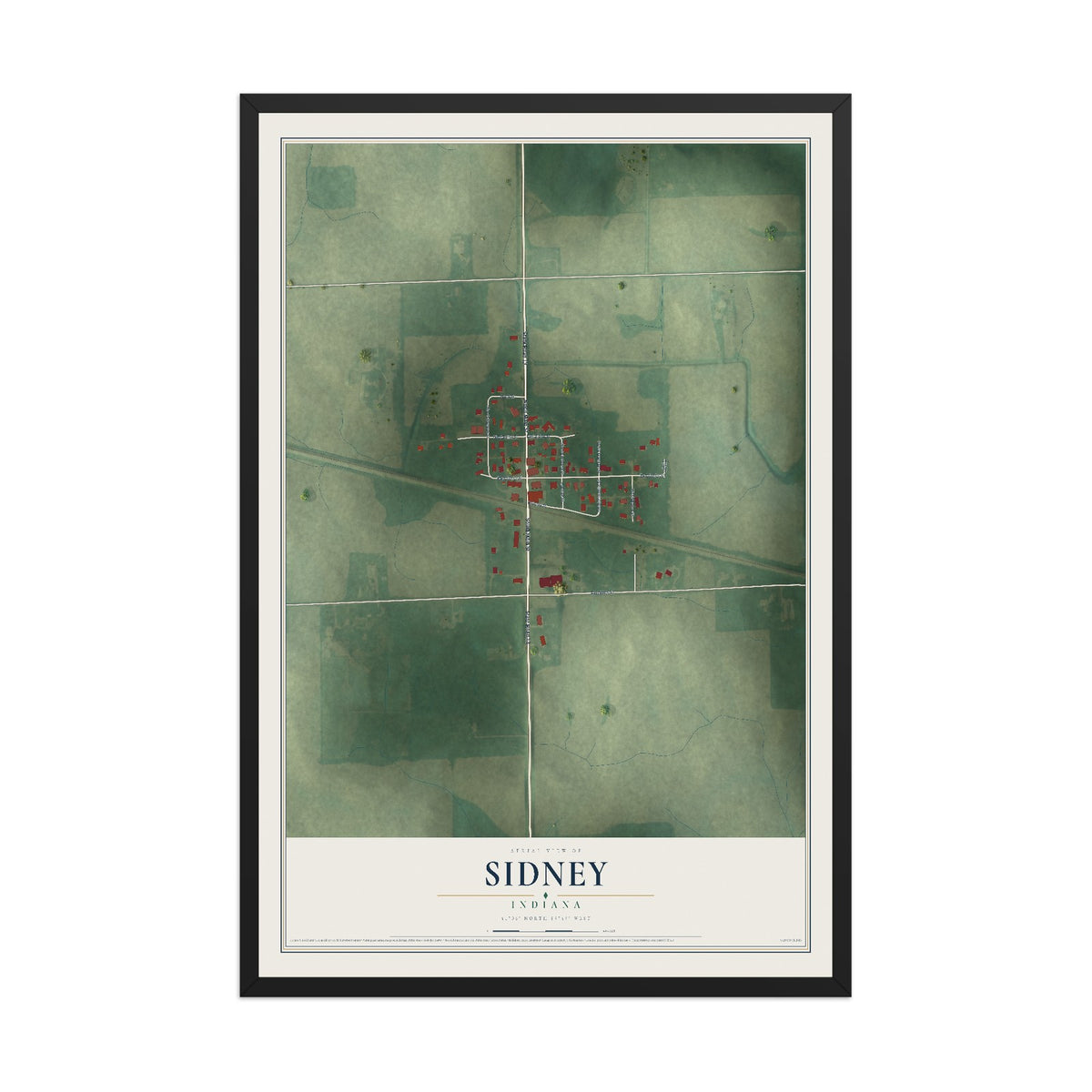 Map of Sidney, Indiana, 12 x 18 inch print in a black wood frame