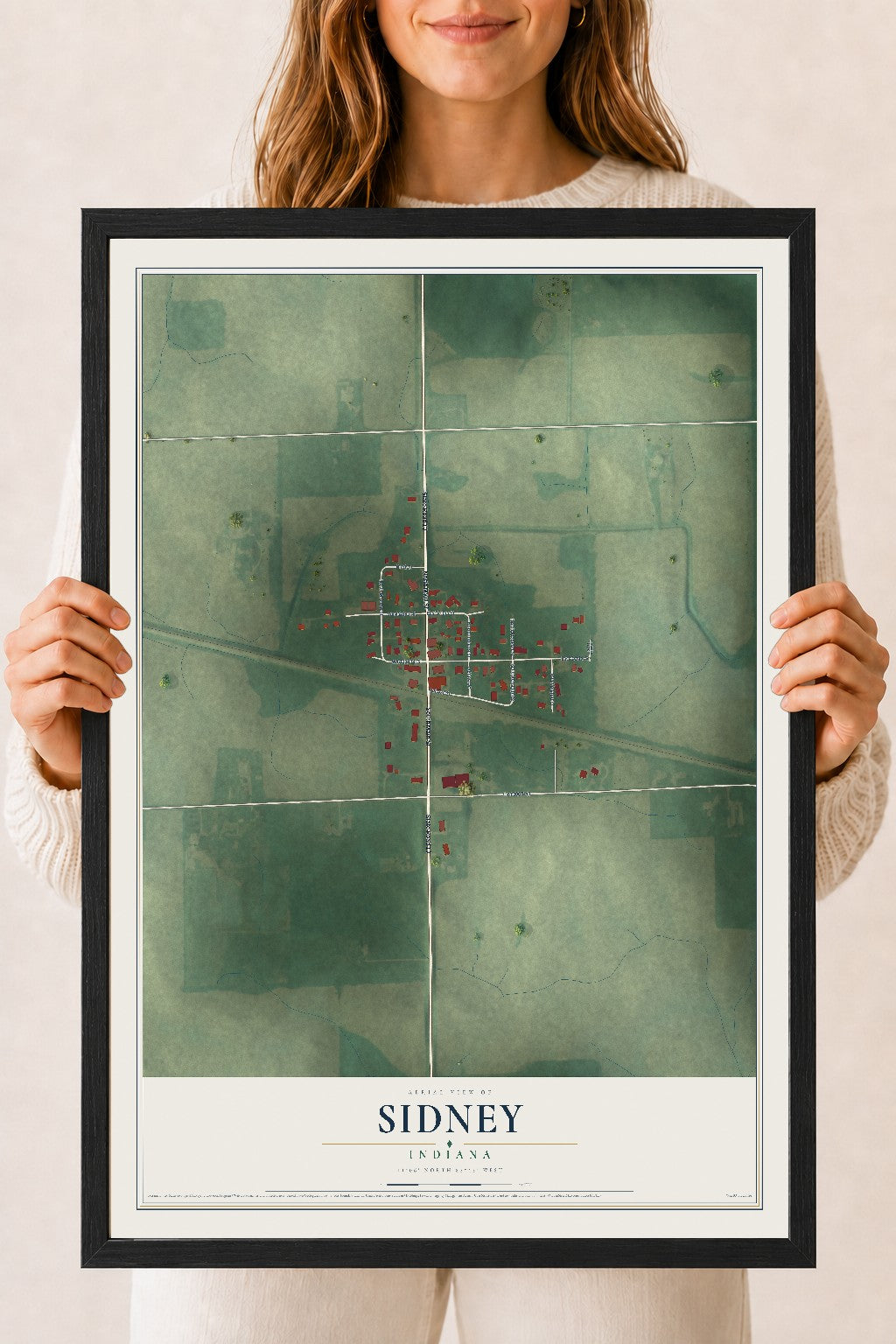 Map of Sidney, Indiana, 18 x 24 inch print in a black wood frame