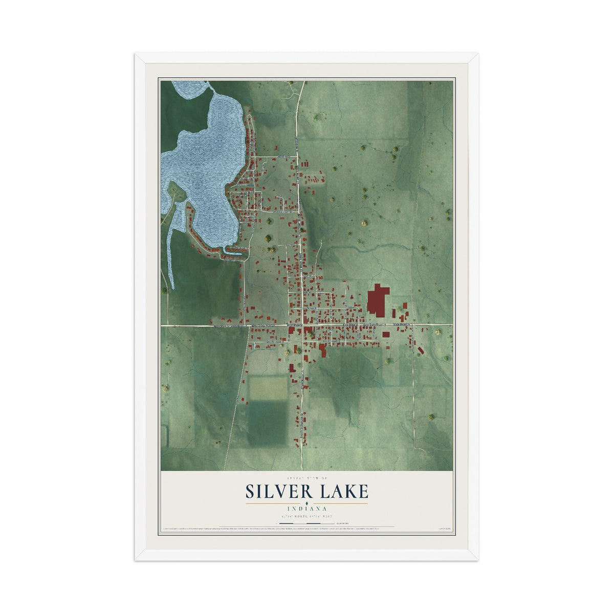 Map of Silver Lake, Indiana, 12 x 18 inch print in a white wood frame
