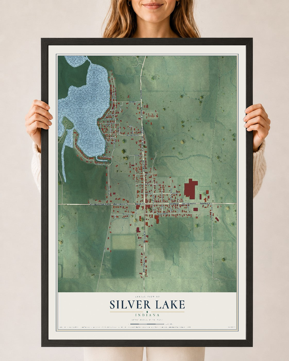 Map of Silver Lake, Indiana, 24 x 36 inch print in a black wood frame