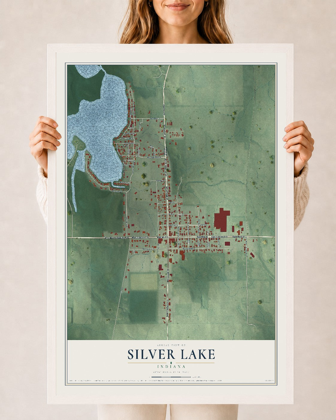 Map of Silver Lake, Indiana, 24 x 36 inch print in a white wood frame
