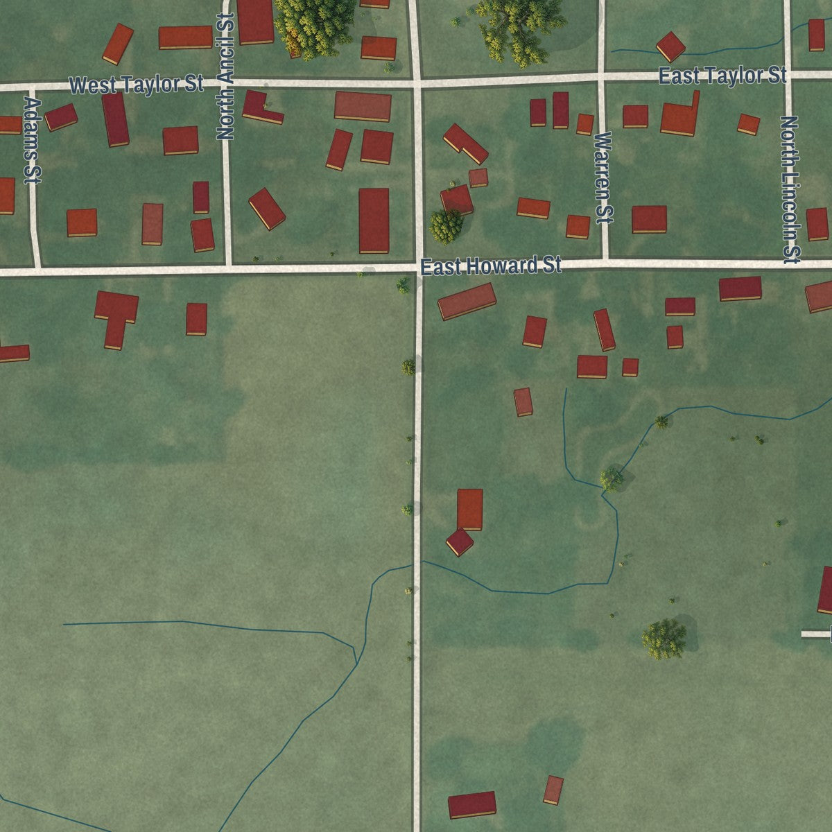 Close-up of the map of Sims, Indiana print showing street and building detail