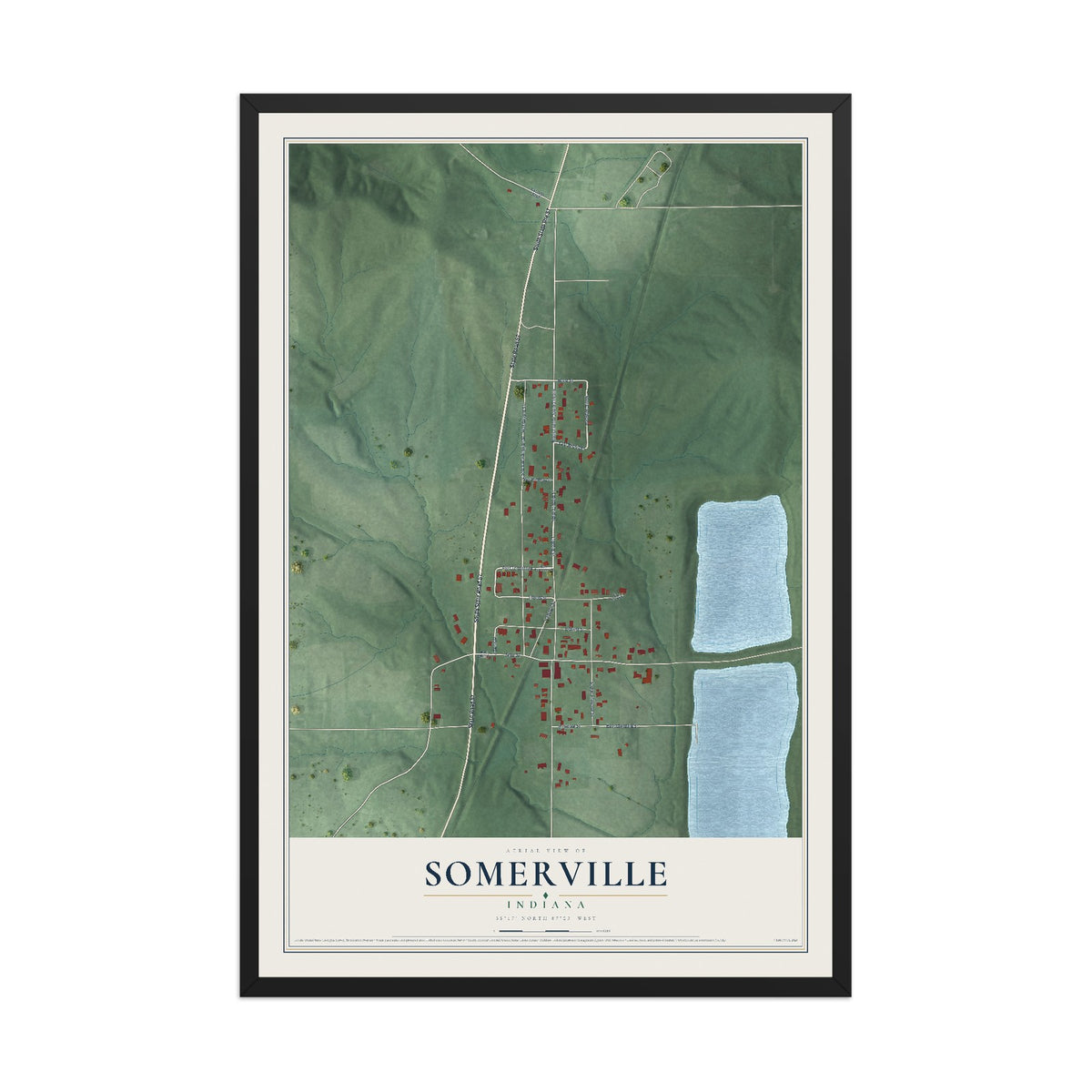 Map of Somerville, Indiana, 12 x 18 inch print in a black wood frame