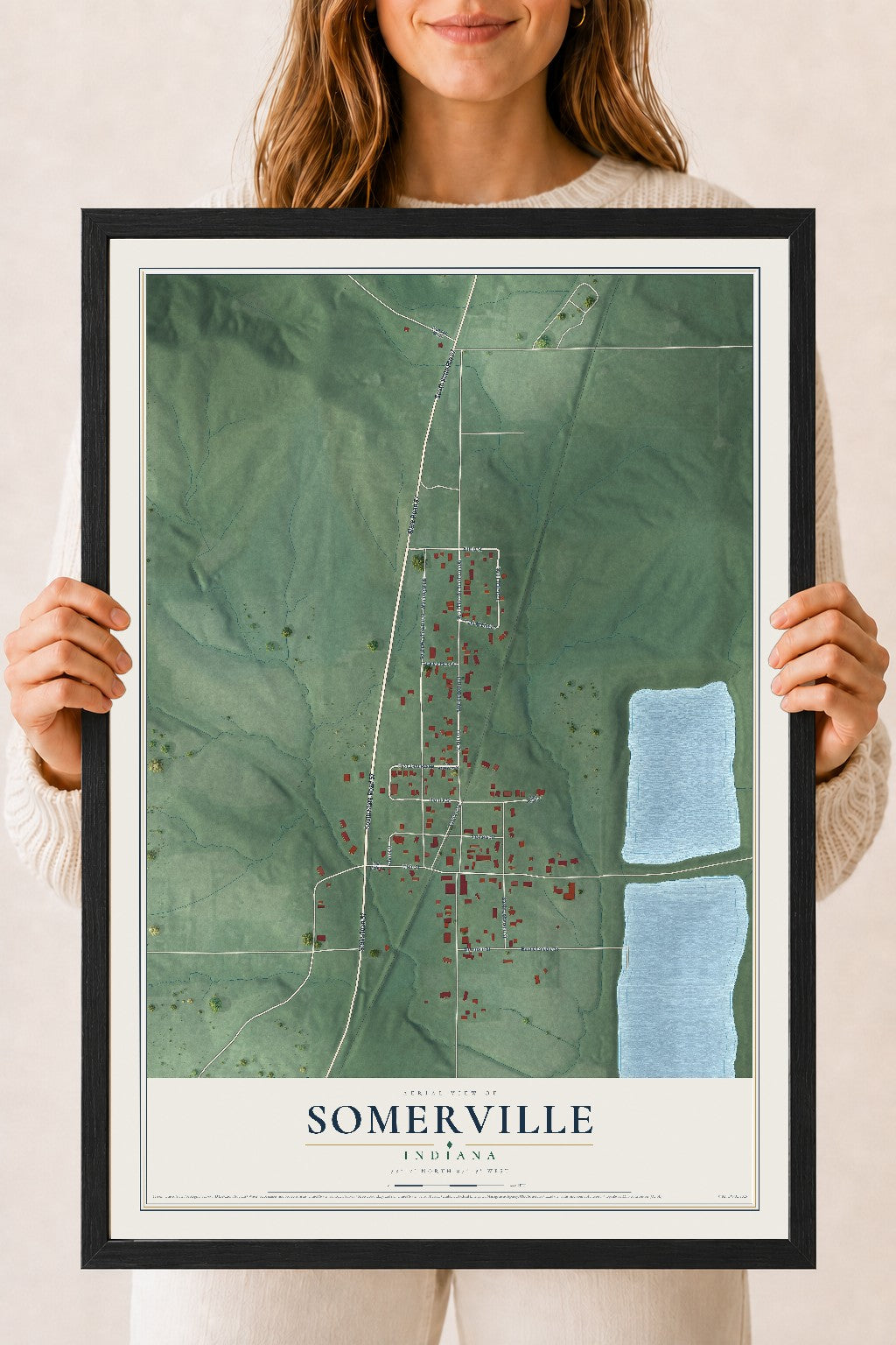 Map of Somerville, Indiana, 18 x 24 inch print in a black wood frame