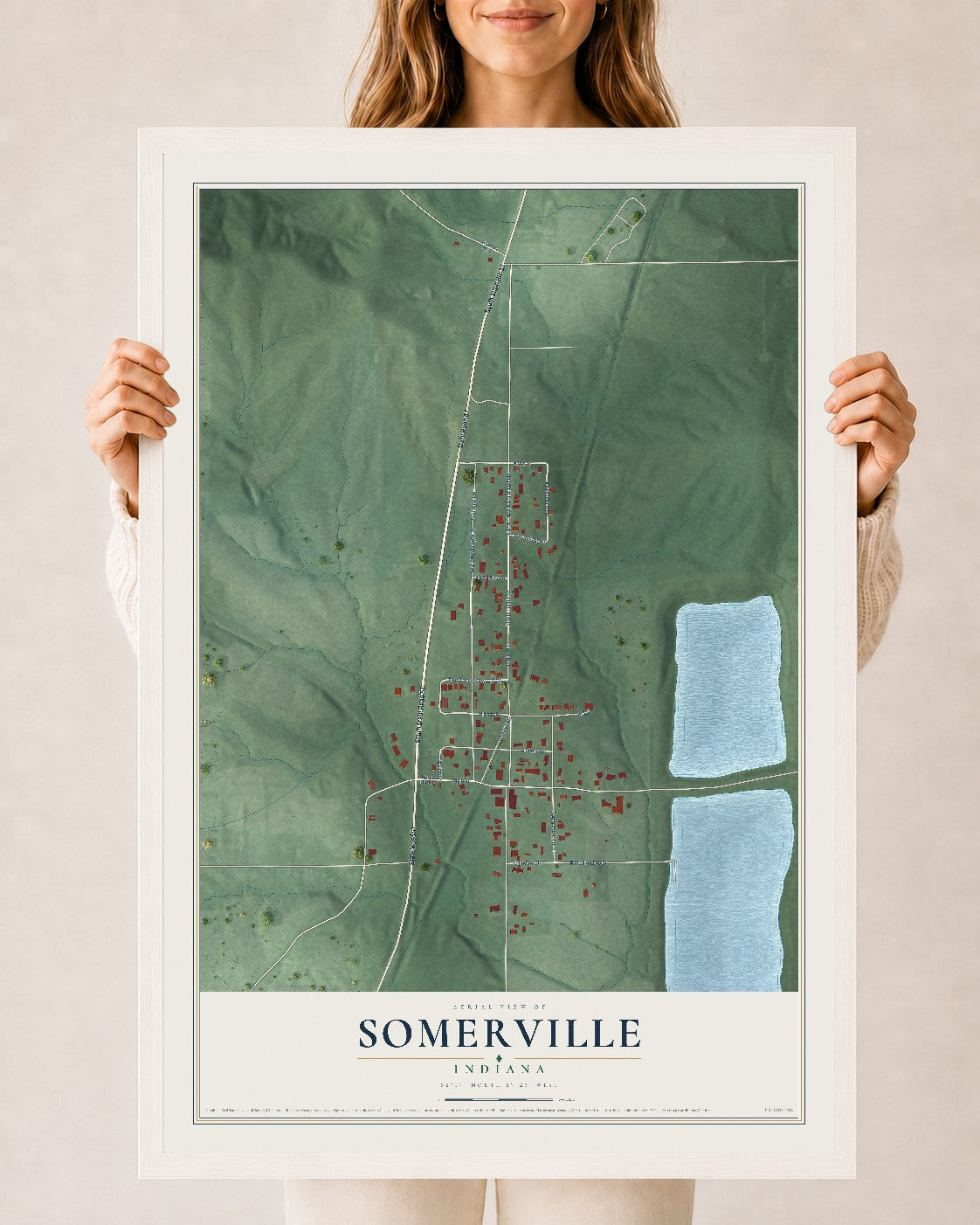 Map of Somerville, Indiana, 24 x 36 inch print in a white wood frame