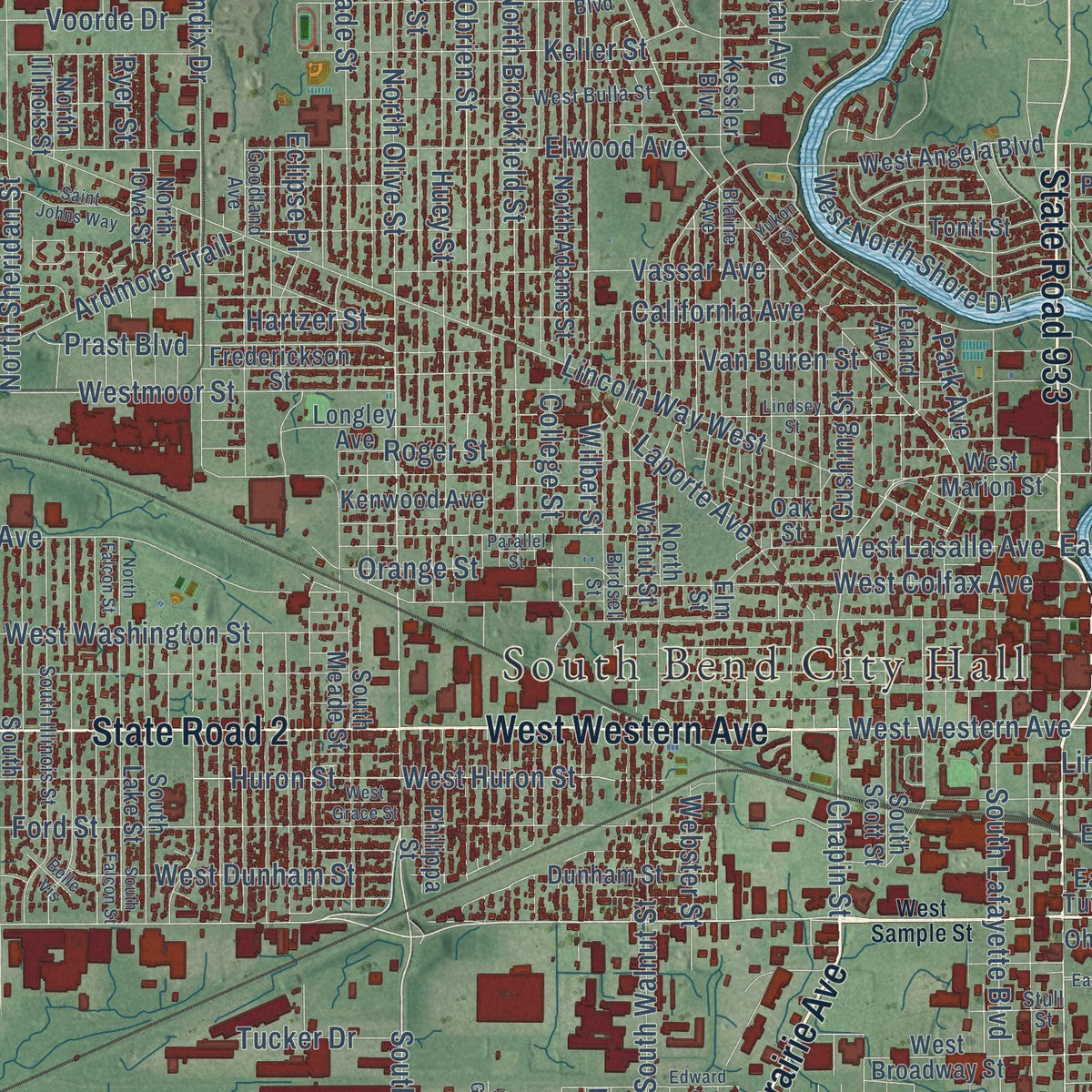 Close-up of the map of South Bend, Indiana print showing street and building detail