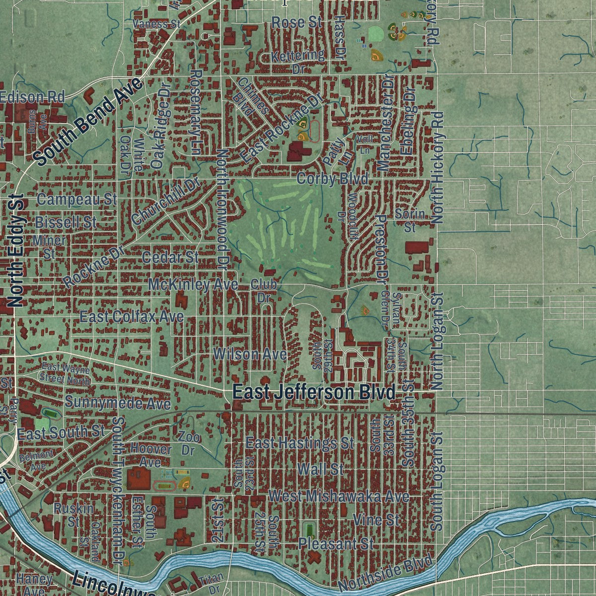 Second close-up of the map of South Bend, Indiana print showing more streets and buildings
