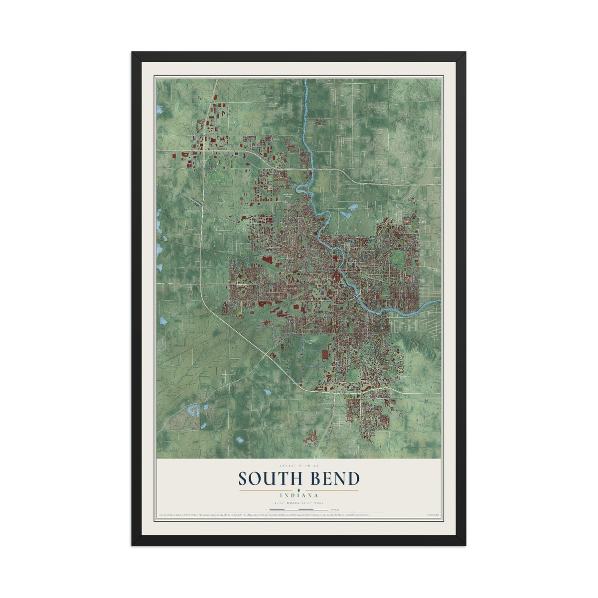 Map of South Bend, Indiana, 12 x 18 inch print in a black wood frame