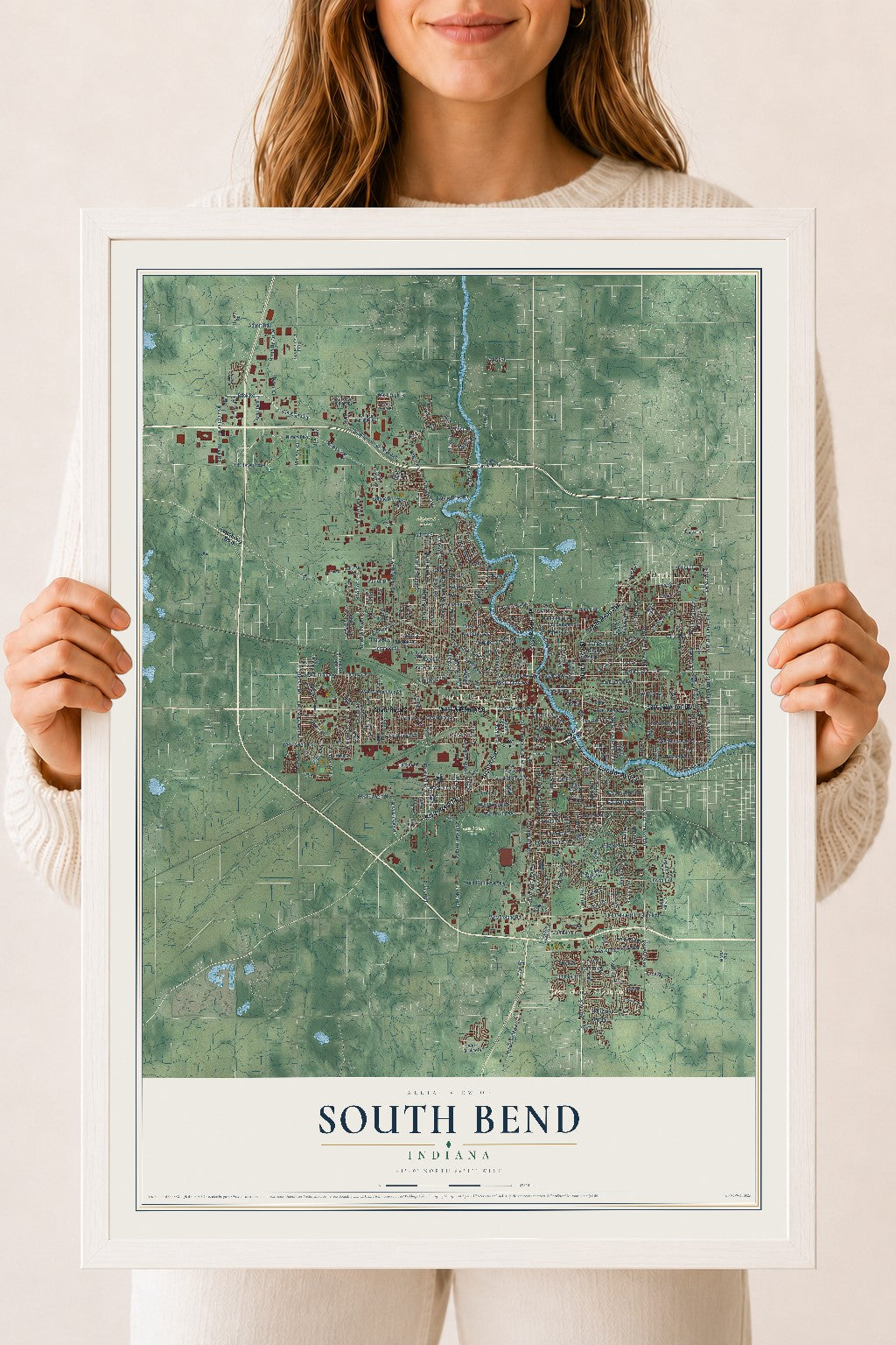 Map of South Bend, Indiana, 18 x 24 inch print in a white wood frame