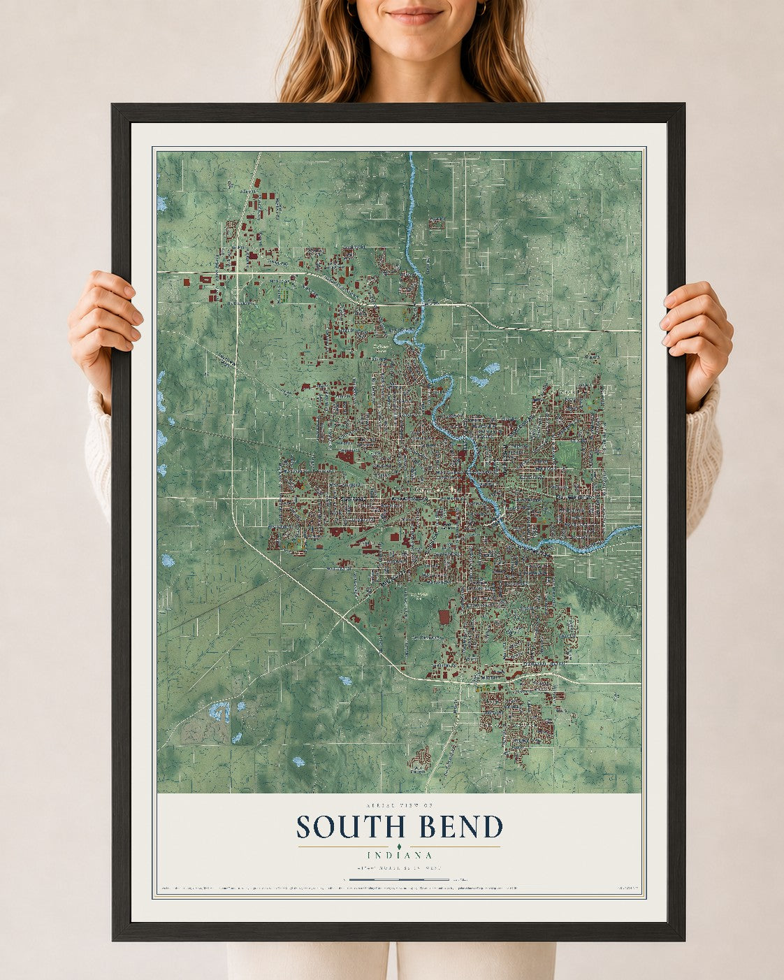 Map of South Bend, Indiana, 24 x 36 inch print in a black wood frame