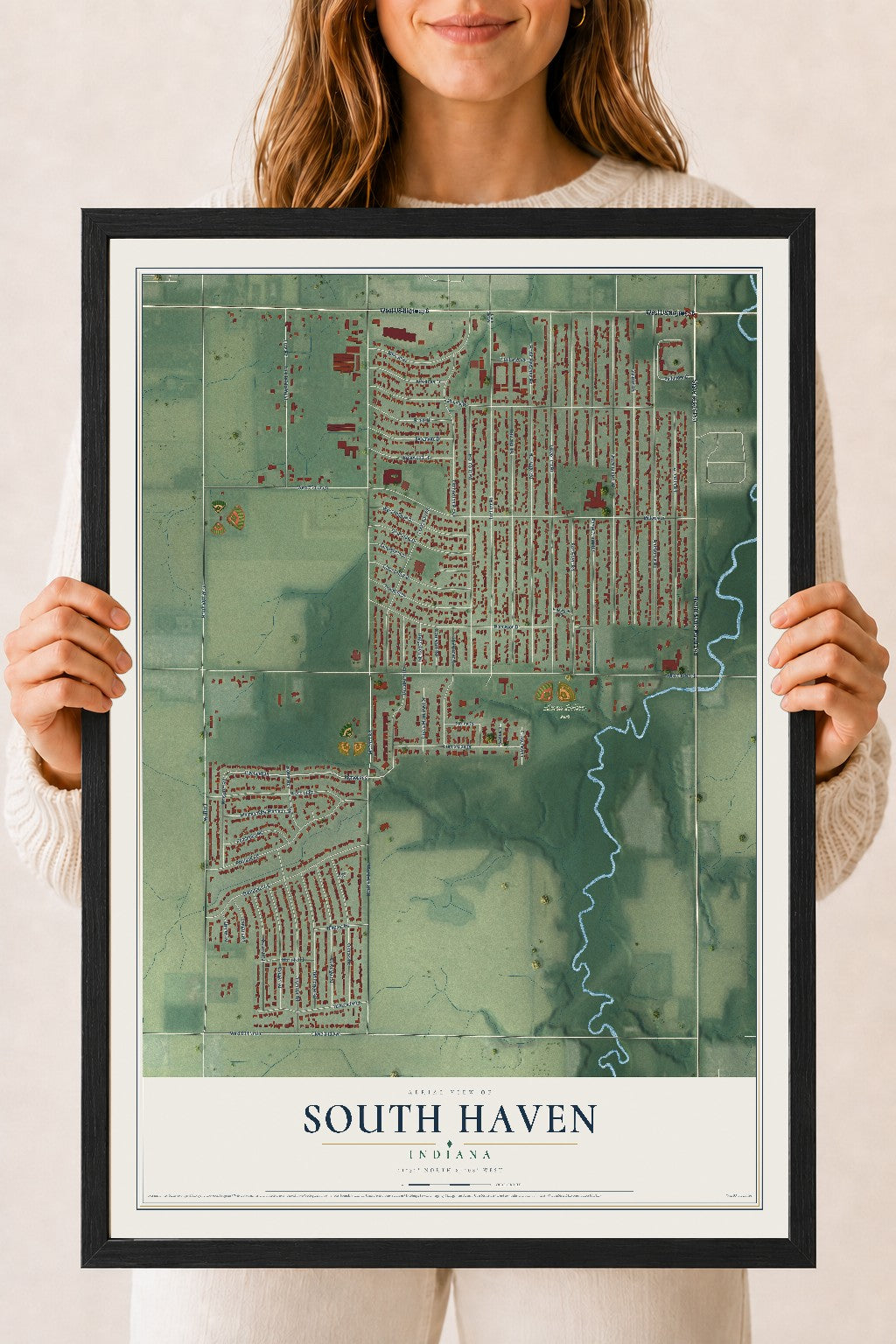 Map of South Haven, Indiana, 18 x 24 inch print in a black wood frame