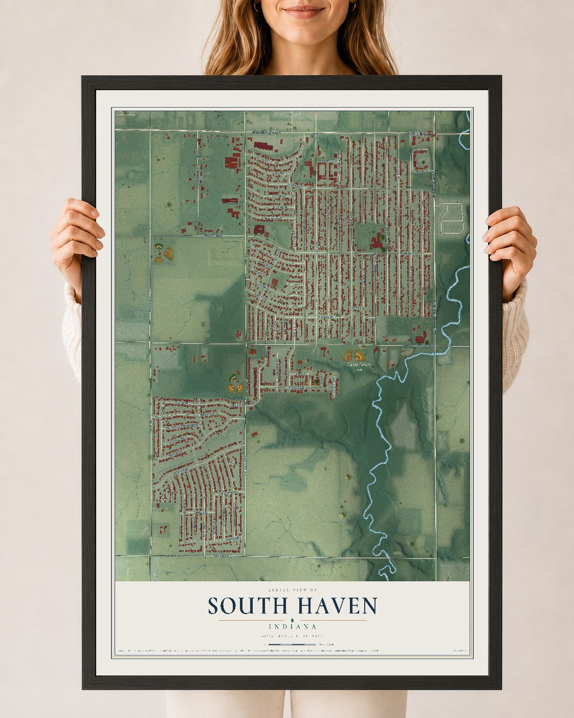 Map of South Haven, Indiana, 24 x 36 inch print in a black wood frame