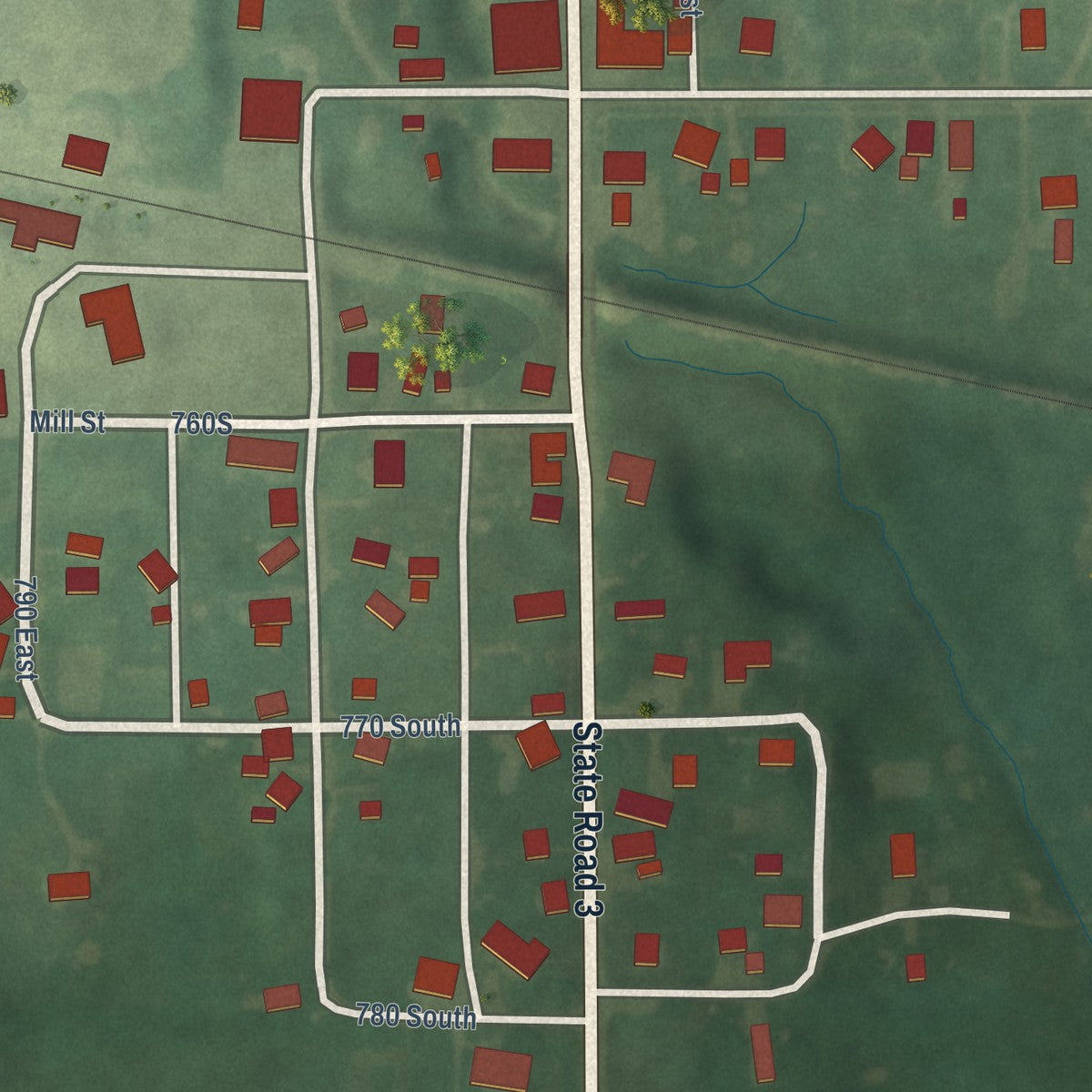 Close-up of the map of South Milford, Indiana print showing street and building detail