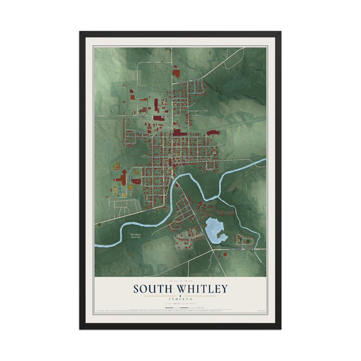 Map of South Whitley, Indiana, 12 x 18 inch print in a black wood frame