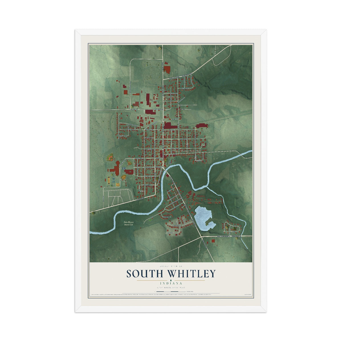 Map of South Whitley, Indiana, 12 x 18 inch print in a white wood frame