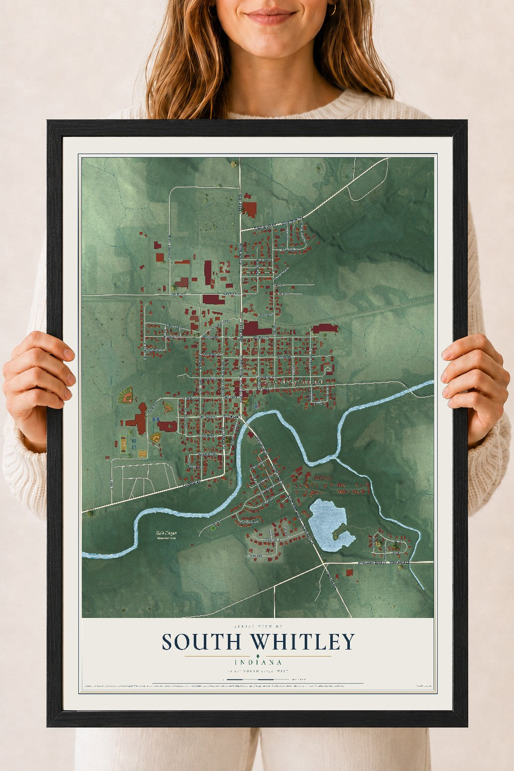 Map of South Whitley, Indiana, 18 x 24 inch print in a black wood frame