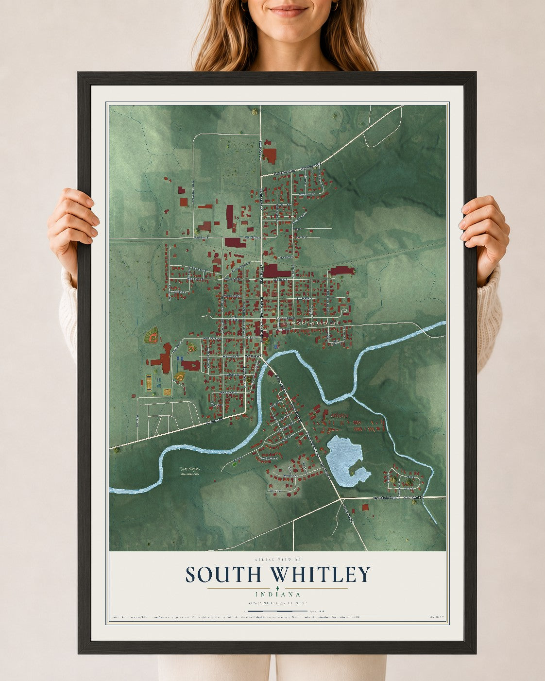 Map of South Whitley, Indiana, 24 x 36 inch print in a black wood frame