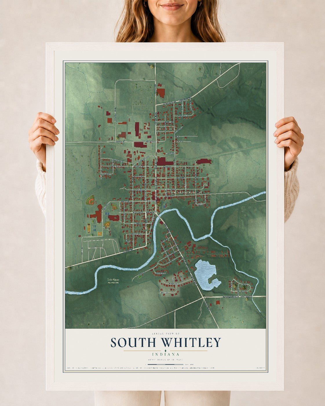Map of South Whitley, Indiana, 24 x 36 inch print in a white wood frame