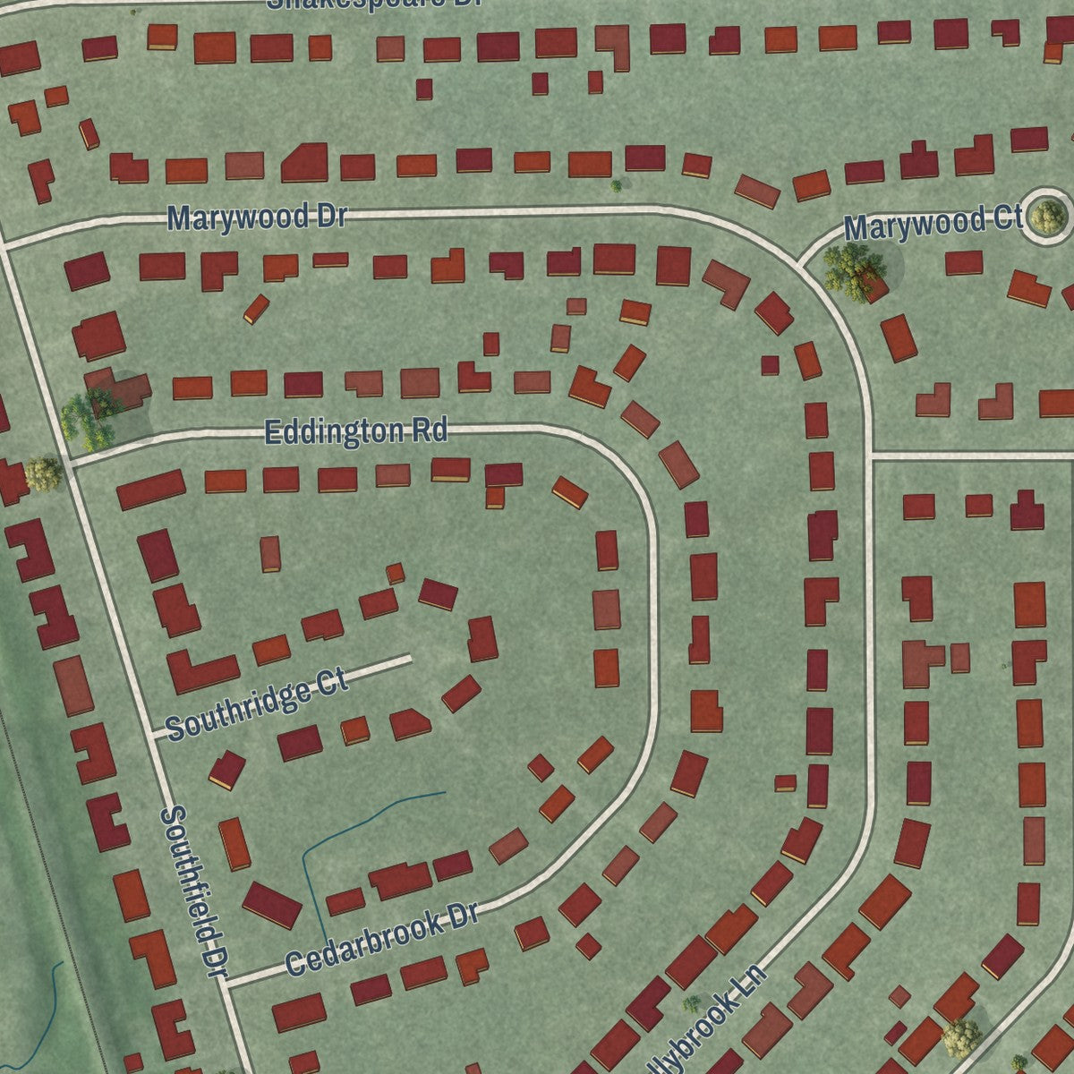 Close-up of the map of Southport, Indiana print showing street and building detail