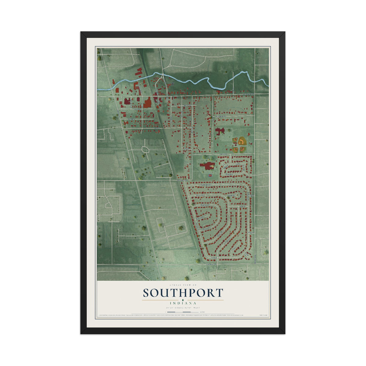 Map of Southport, Indiana, 12 x 18 inch print in a black wood frame