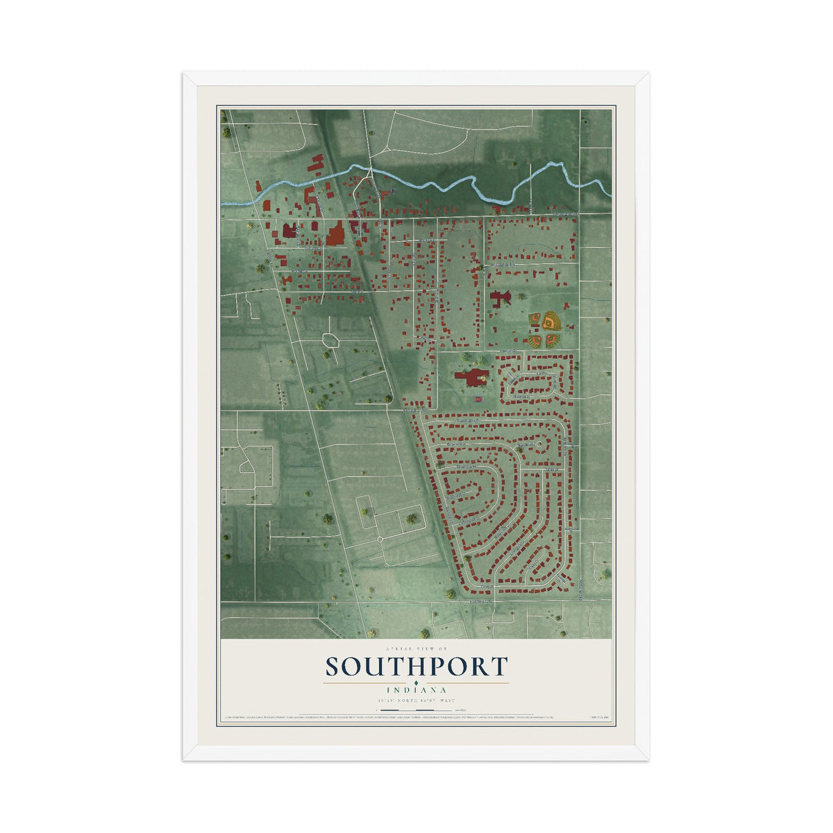 Map of Southport, Indiana, 12 x 18 inch print in a white wood frame