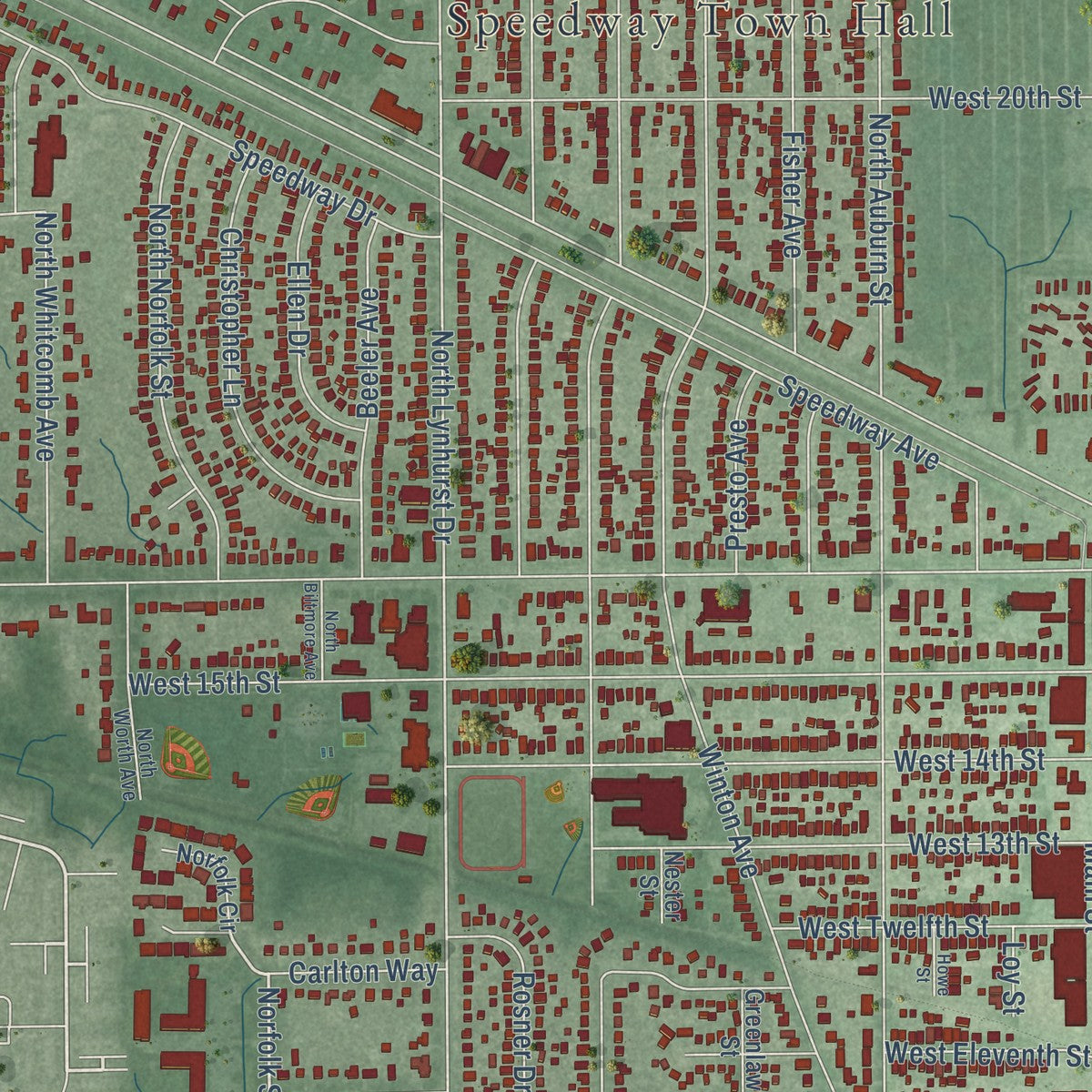 Close-up of the map of Speedway, Indiana print showing street and building detail