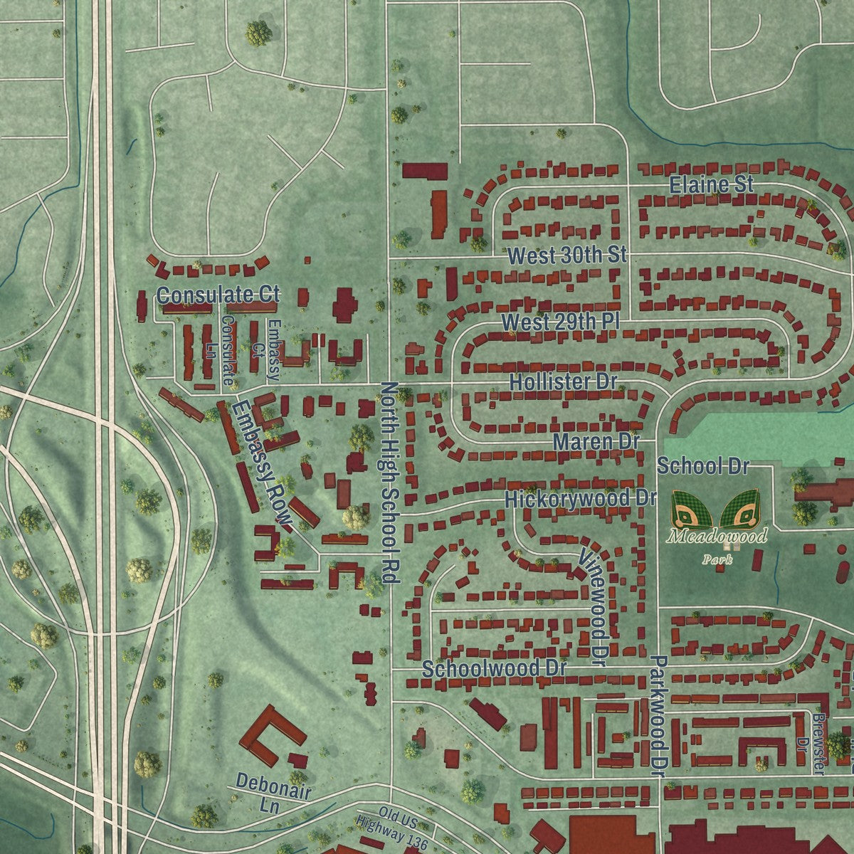 Second close-up of the map of Speedway, Indiana print showing more streets and buildings