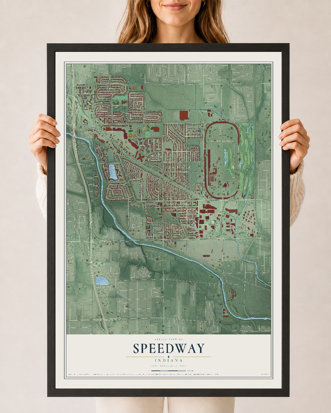Map of Speedway, Indiana, 24 x 36 inch print in a black wood frame