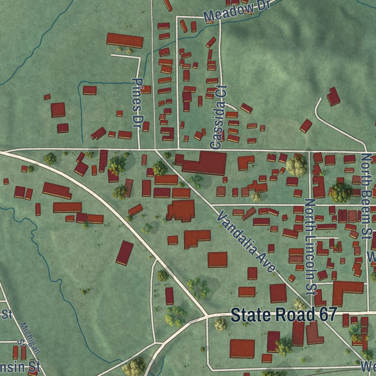 Second close-up of the map of Spencer, Indiana print showing more streets and buildings