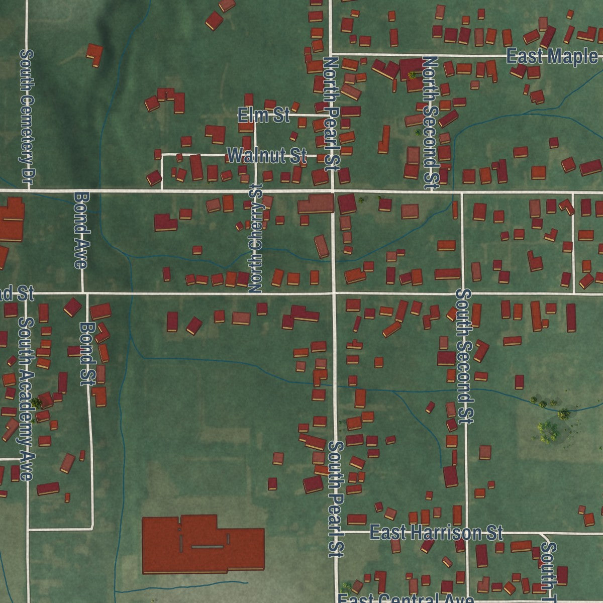 Close-up of the map of Spiceland, Indiana print showing street and building detail