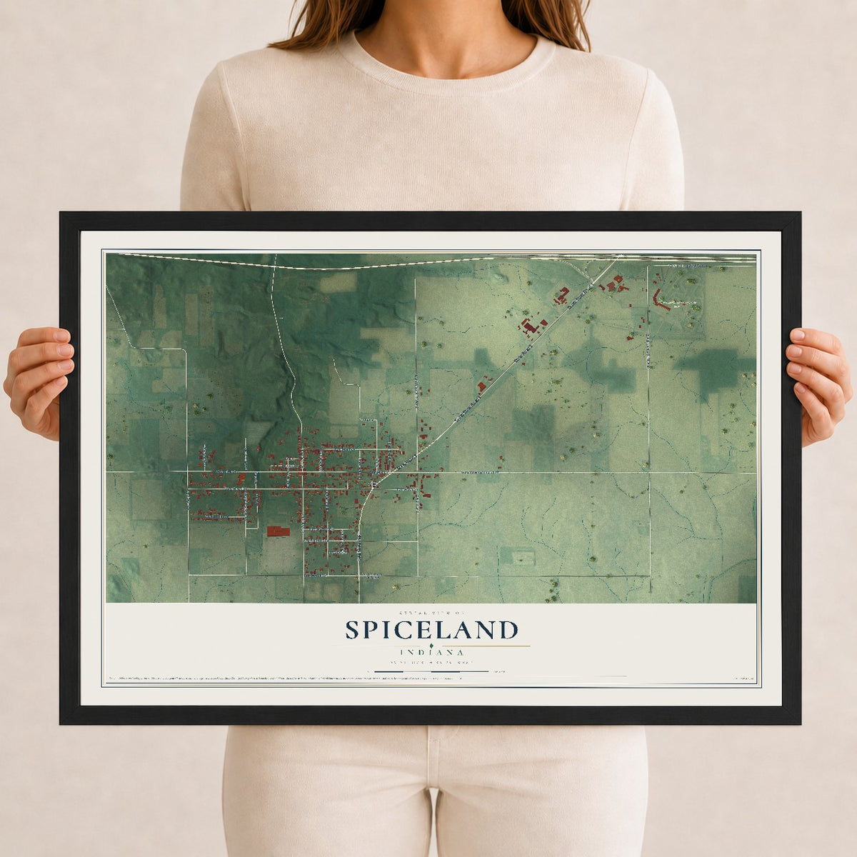 Map of Spiceland, Indiana, 12 x 18 inch print in a black wood frame