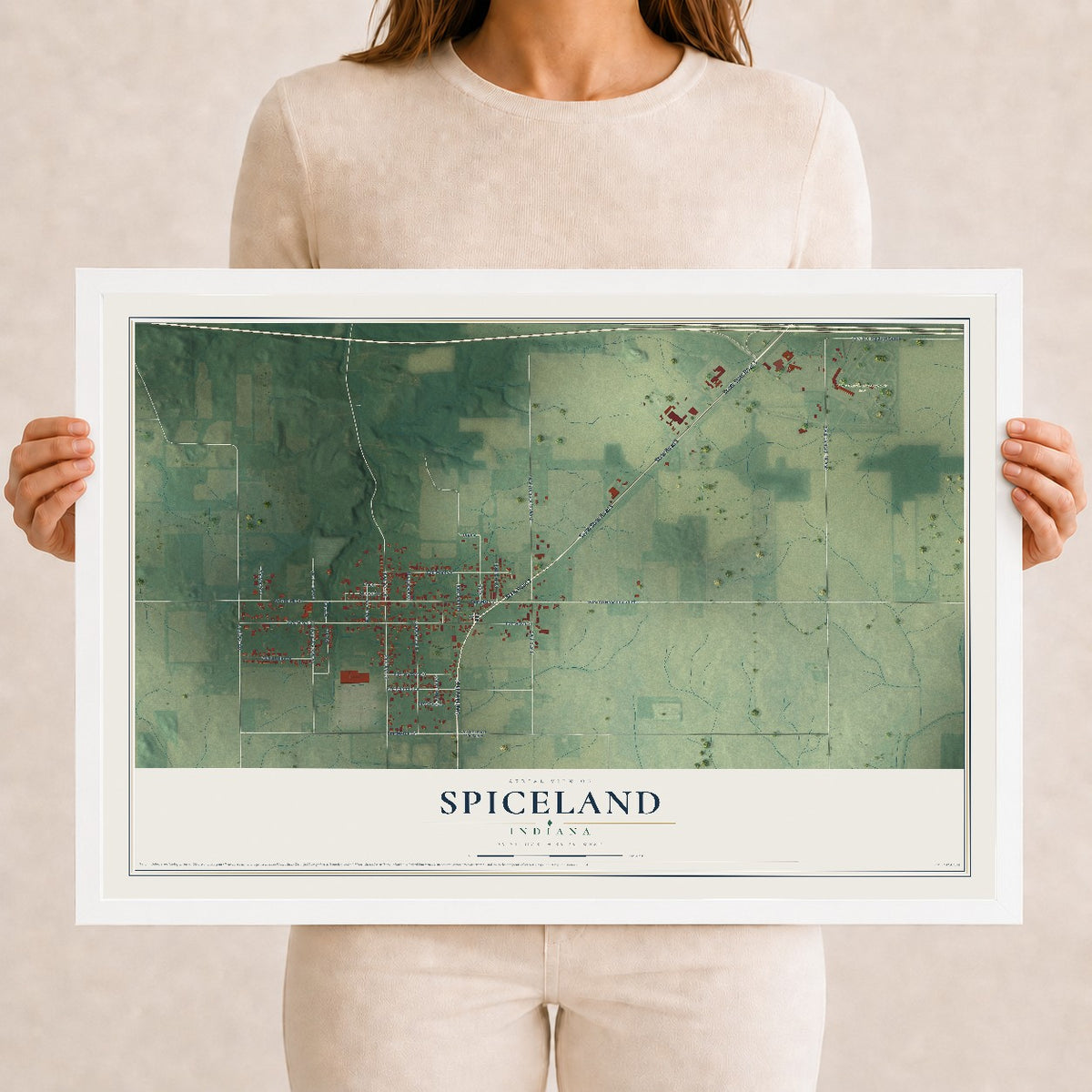 Map of Spiceland, Indiana, 12 x 18 inch print in a white wood frame