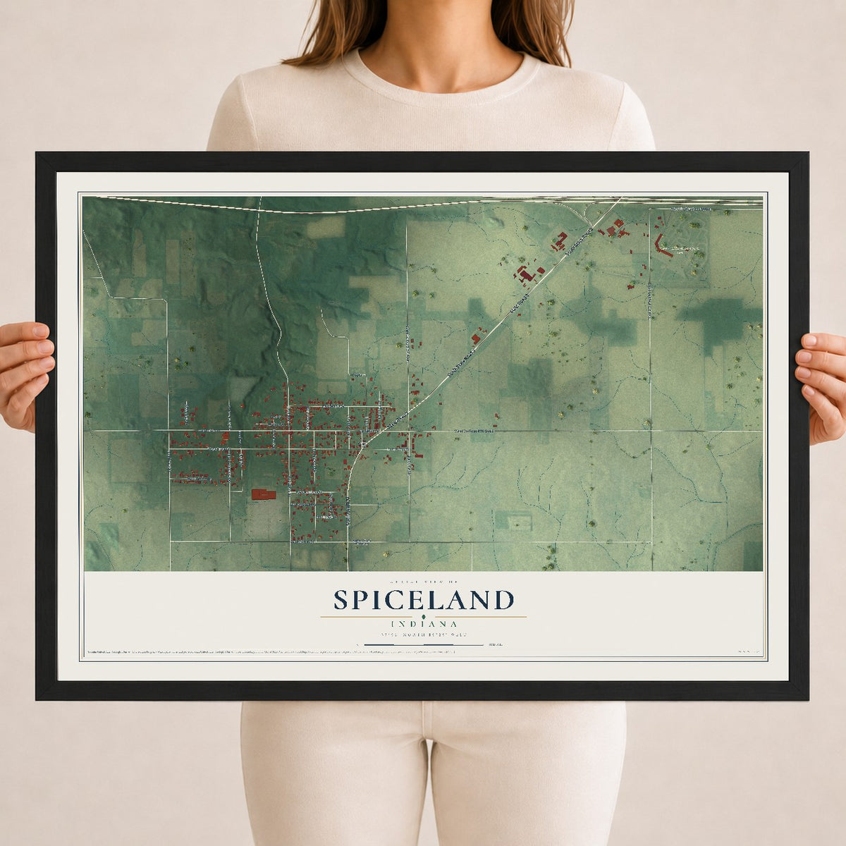 Map of Spiceland, Indiana, 18 x 24 inch print in a black wood frame
