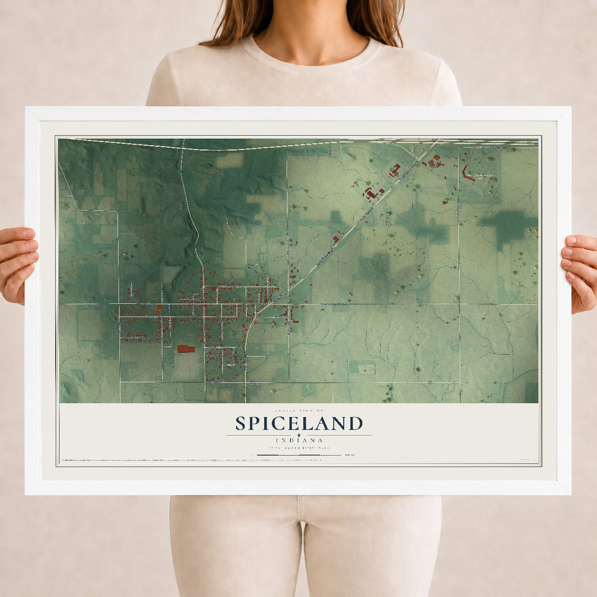 Map of Spiceland, Indiana, 18 x 24 inch print in a white wood frame