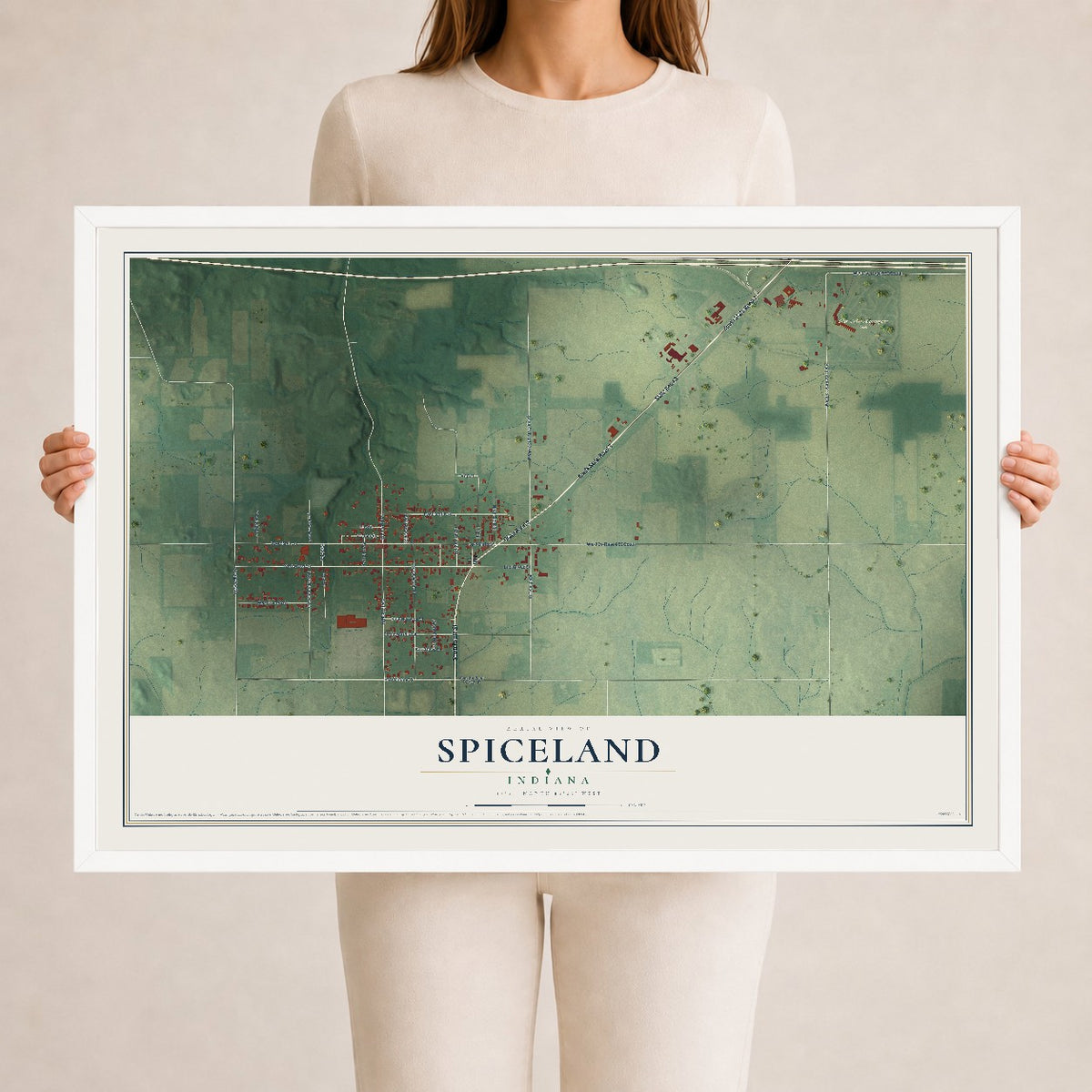 Map of Spiceland, Indiana, 24 x 36 inch print in a white wood frame