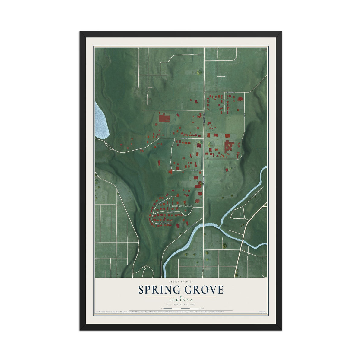 Map of Spring Grove, Indiana, 12 x 18 inch print in a black wood frame